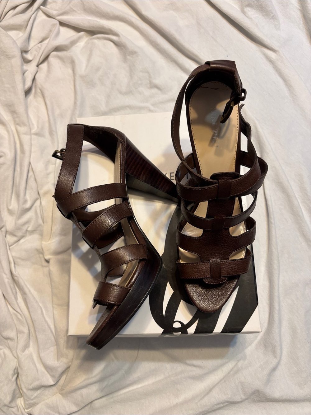 Nine West Dark Brown Strappy Leather Heeled Sandals